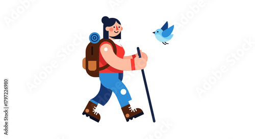 Woman Hiker Backpacking Bird Watching on a Nature Trail, Cartoon Illustration Style