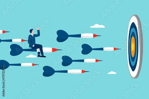 business or marketing target strategy, aim the target audience, introduce products or promotions to the right target audience, businessman control dart with megaphone to reach perfect target