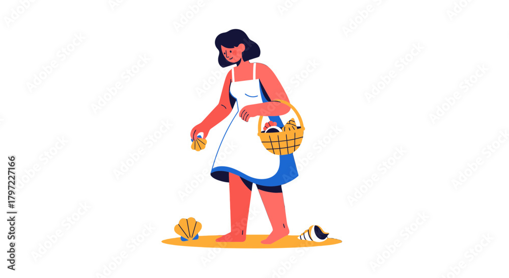 Fototapeta premium Woman Collecting Seashells On The Beach, Minimalistic Illustration With Black Background