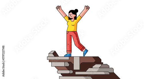 Woman Celebrating Victory Atop A Stone Structure Against A Deep Black Background