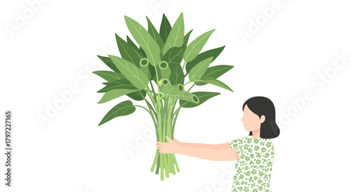 Woman Holding Bunch Of Green Fresh Water Spinach Vector Illustration, Flat Design Concept