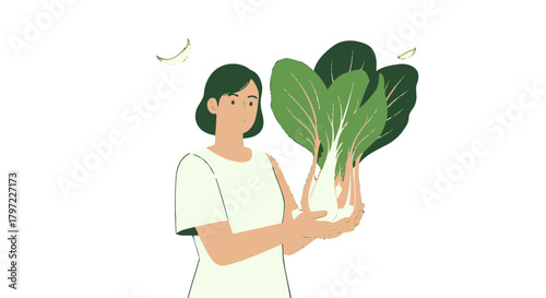 Woman Holding Fresh Bok Choy at Night, A Modern Vector Illustration