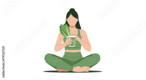 Woman Holding Green Smoothie Sitting In Meditation Position, Healthy Lifestyle Concept