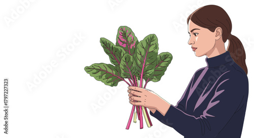 Woman Holding Vibrant Chard, Food Preparation and Natural Fresh Produce Concept