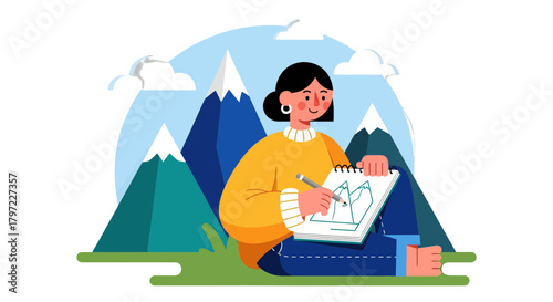 Woman Creates Mountain Landscape Art: Creative Vector Illustration of a Stunning Mountain Scene