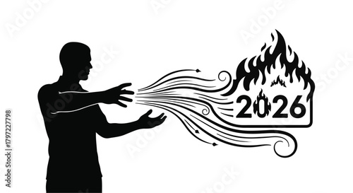 Man conjuring fiery year 2026 from his hands, symbolizing future challenges and opportunities.