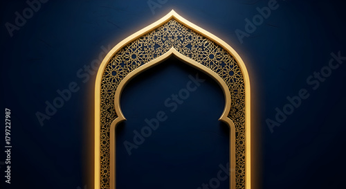 An ornate golden Islamic arch with intricate geometric patterns glowing against a dark blue background.