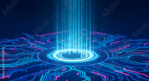 Abstract digital illustration of glowing blue light beams emanating from a circular center on a circuit board pattern against a dark backdrop.