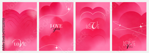 set valentine day gradient posters in minimal style. abstract modern design with blur heart shape. collection love soft grainy a4 cover, vector pink background