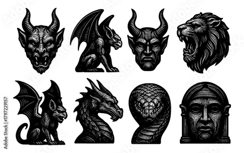 Mythical beast collection: detailed black ink art featuring dragons, gargoyles, and lions
