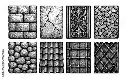 Hand drawn textured tiles featuring stone, brick, and mosaic patterns in vintage style