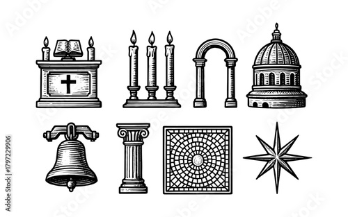 Vintage religious and historic symbols in engraved style
