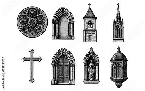 Gothic architecture elements collection in intricate monochrome style