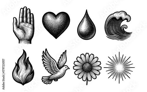Vintage engraving style icons of nature elements and symbols