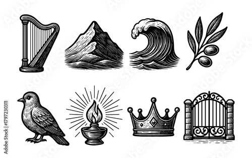 Vintage engravings of harp, mountain, wave, olive branch, bird, lamp, crown, and gate