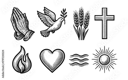 Religious symbols: praying hands, dove, wheat, cross in vintage style