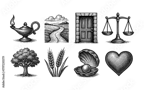 Vintage line art collection featuring nature, justice, and dreams in black and white