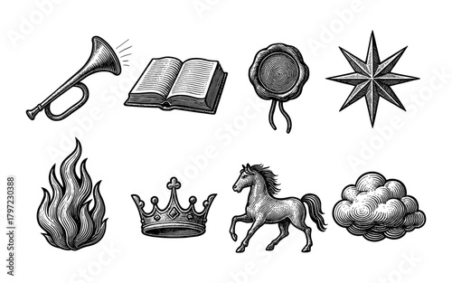 Vintage engraved objects set with musical, crown, and nature elements