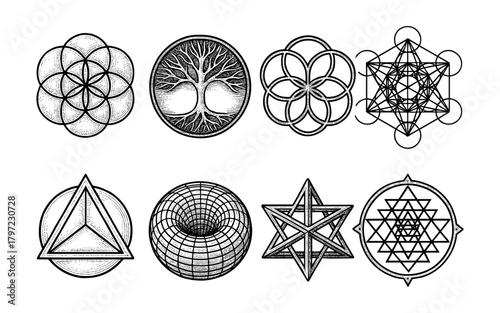 Geometric sacred symbols in black and white line art collection