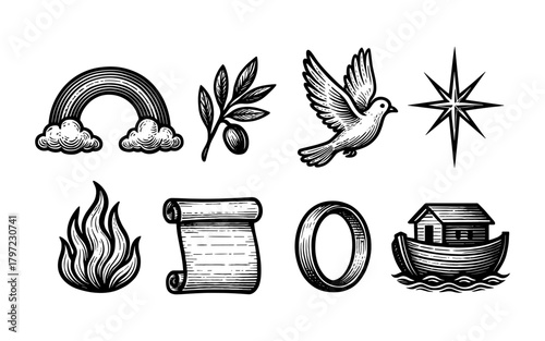 Vintage religious symbol set: rainbow, dove, olive branch, star, fire, scroll, ark