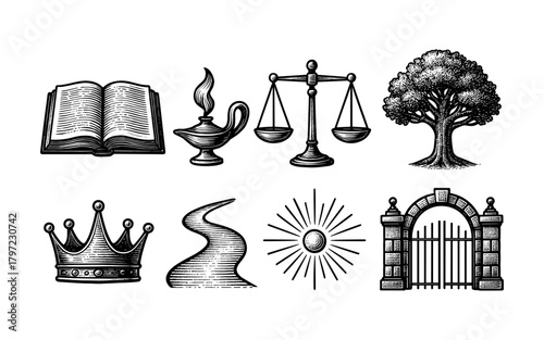 Vintage engravings: book, lamp, scales, tree, crown, path, sun, gate