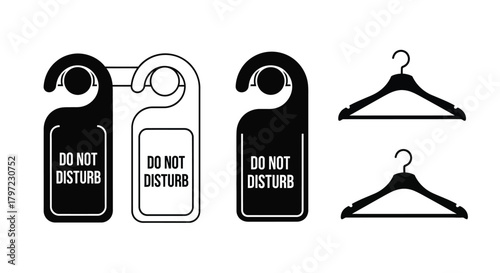 Black and white graphic of door hangers and clothing hangers displayed
