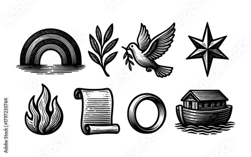Vintage religious symbol set featuring dove, rainbow, and noah's ark