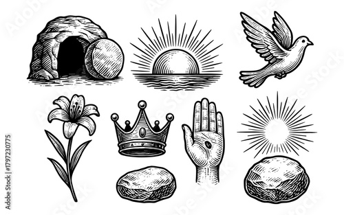 Engraved easter symbols: cave, sun, dove, and more in black and white