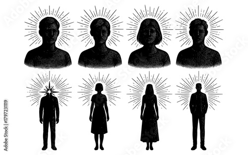 Vintage silhouette portraits with radiant lines featuring four elegant figures