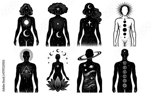 Mystical figures with cosmic and celestial symbols in silhouette art