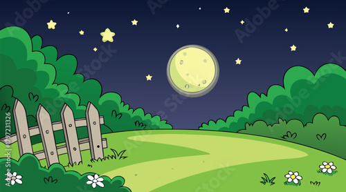 Night scene with moon, grass, fence, and stars