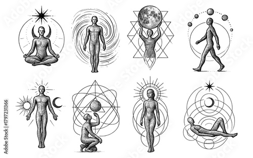 Mystical human figures with cosmic and geometric elements in dot art style