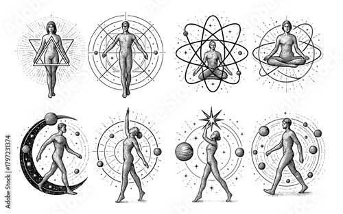 Mystical human figures in cosmic geometric patterns with celestial elements