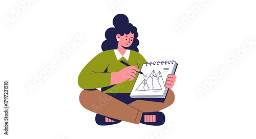 Woman Sketching Mountain Range in a Notebook on a Black Background Illustration