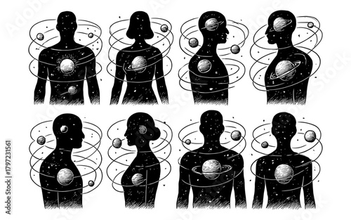 Celestial silhouettes: cosmic planets orbiting human figures in black and white