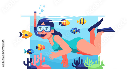 Woman Snorkeling With Fishes In Tropical Waters, Vector Illustration