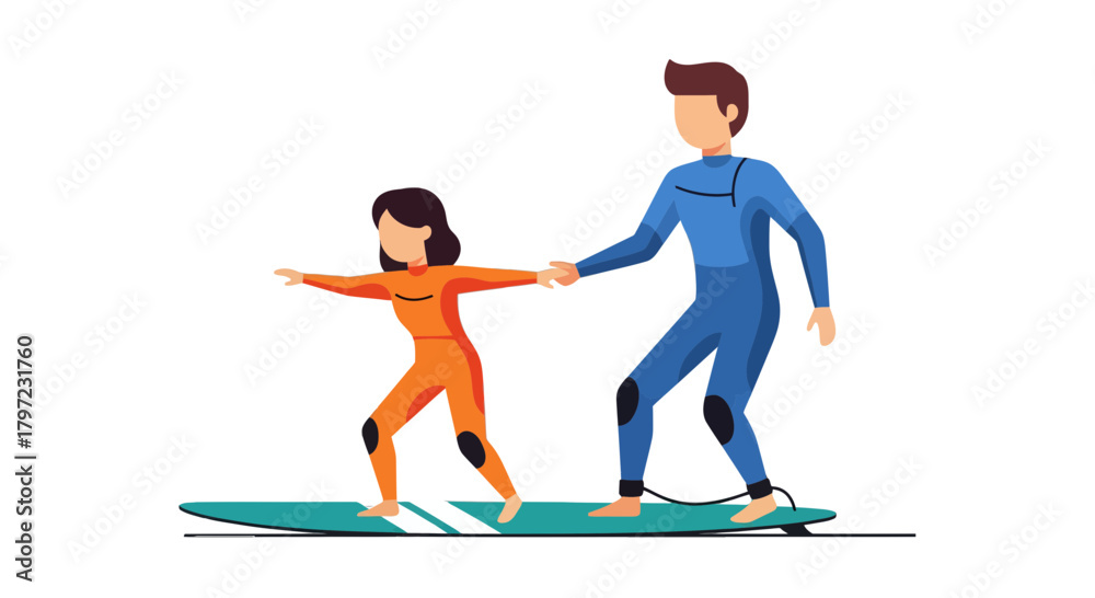 Fototapeta premium Woman Learning Surfing with Instructor Balancing on Board Black Background