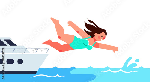Woman Jumps Into the Sea From a Yacht: Vibrant Watersport Vector Illustration