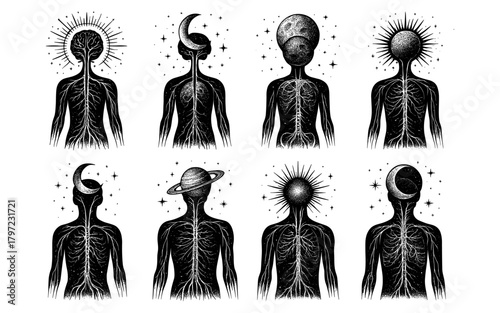 Cosmic entity silhouettes with celestial elements and nervous system details