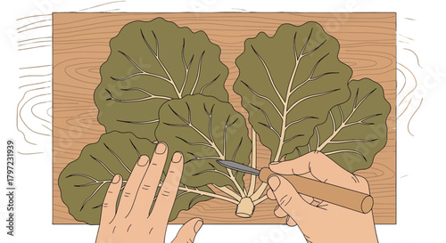 Woman's Hands Cutting Fresh Green Leafy Vegetables On Wooden Board For Food Preparation