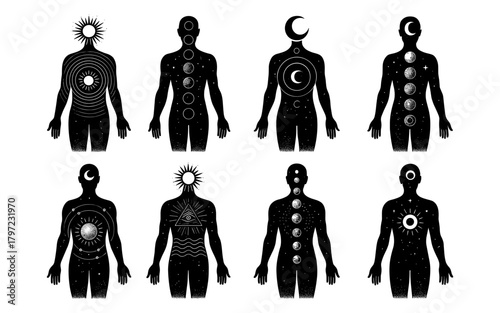 Mystical human silhouette with celestial and cosmic elements