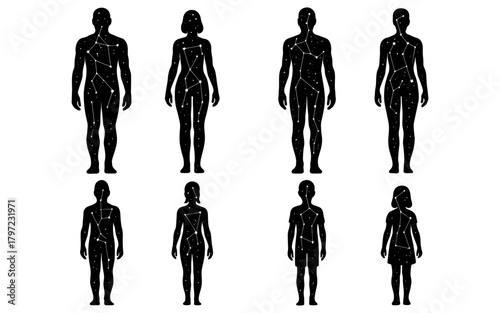 Silhouette human figures with star constellations in black and white