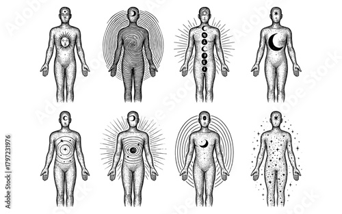 Mystical human figures with cosmic symbols and patterns in linear art style