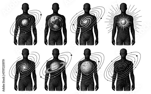 Cosmic journey: surreal human figures with celestial elements and planetary orbits