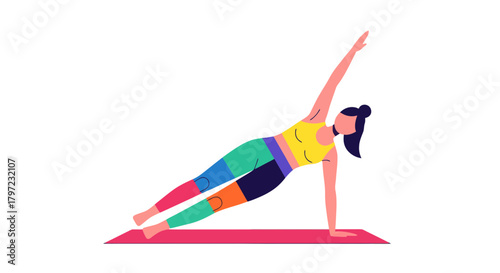 Woman Practicing Yoga Exercise In Side Plank Pose With Bold, Colorful Abstract Style