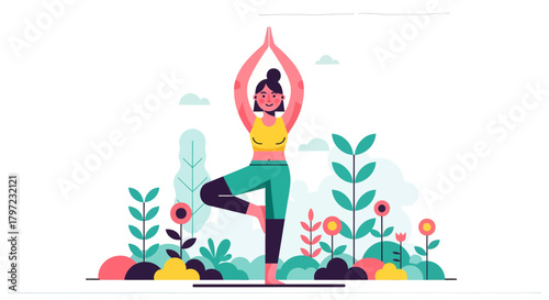 Woman Practicing Yoga In Nature, Tree Pose, Peaceful Illustration, Digital Art