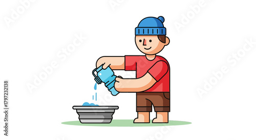 Young Person Pouring Liquid Into a Basin in Modern Colorful Flat Illustration