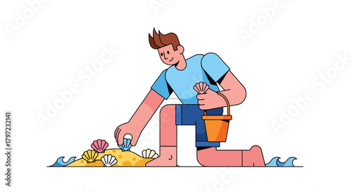 Young Person Collecting Seashells on Beach With Bucket Illustration Simple Design