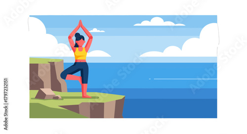 Woman Practicing Yoga On A Cliff Near The Ocean Against A Beautiful Blue Sky