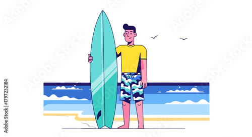 Young Surfer Standing With Surfboard Ready For The Ocean Waves And Beach Fun in Vector